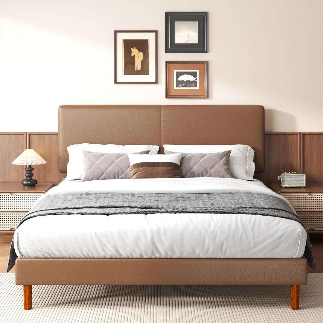 King Upholstered Platform Bed Frame with Headboard, Faux Leather Modern Bed Frame with Wood Slat Support, No Box Spring Needed, Easy Assembly, Brown