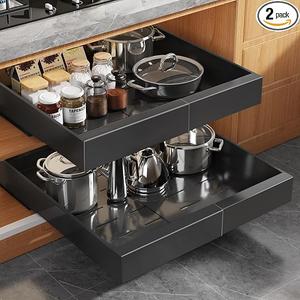 Seinloes 2Pack Expandable Pull Out Cabinet Organizer 21" Deep with Raising Pad for Framed Cabinets, Upgrade 3 Slide Rails Slide Out Drawers, Roll Out Shelves Adhesive, Adjustable Width 12.05"-20.4"Black