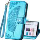 for Samsung Galaxy A15 5G Phone Case Wallet,Women Flip Folio Cover Credit Card Holders Emboss Butterfly Flower PU Leather Purse Wrist Strap Kickstand Case for Samsung Galaxy A15 5G Blue