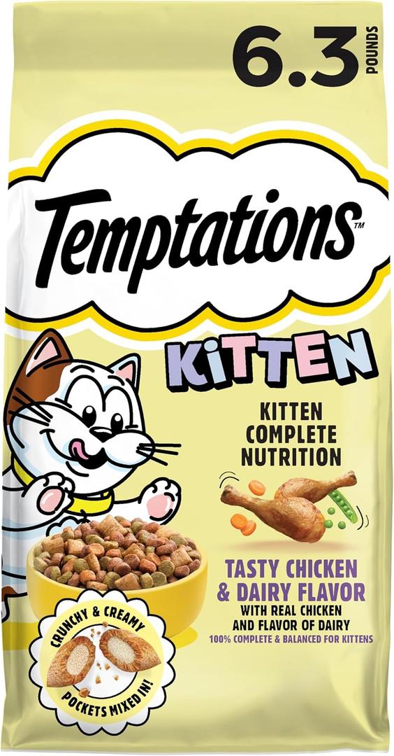 Temptations Kitten Dry Cat Food, Chicken & Dairy, 6.3 lb, 3 Pack | Real chicken, DHA for brain development, strong bones & muscles, crunchy outside & soft inside, 100% complete & balanced (EXP 09/17/26)