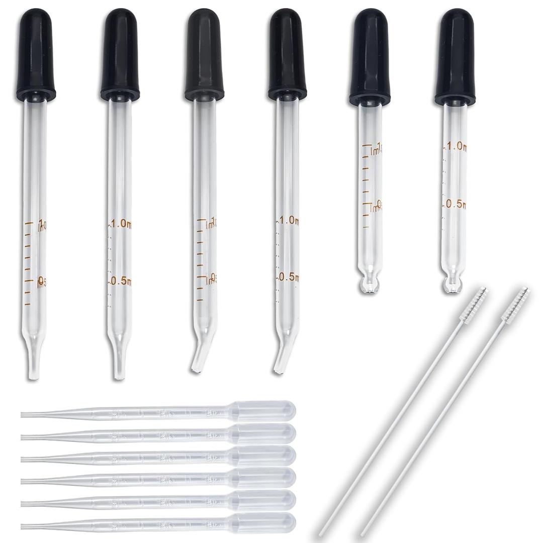 6 PCS 1 mL Glass Eye Droppers with Clean Brush for Essential Oils, Lab, Health Care, Crafts - Glass Dropper, Eye Dropper, 1mL Pipettes Dropper, Medicine Dropper