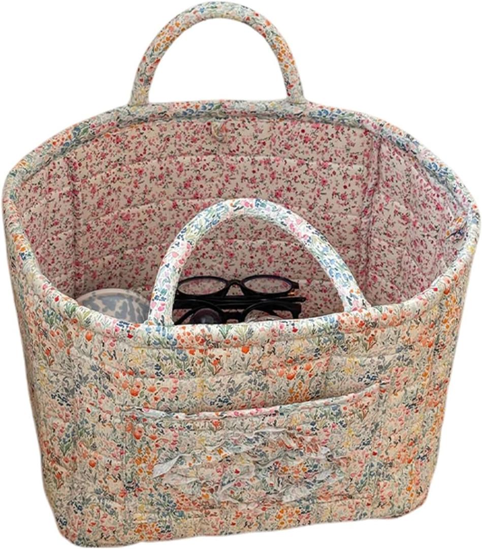 Boho Fabric Storage Basket Quilted Floral Print Baskets Organizer Bin with Handles for Home, Picnic, Shopping (Blue, L)