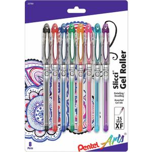 Pentel Arts Slicci 0.25 mm Extra Fine Gel Pen, Assorted Ink, 8 Pack (BG202BP8M)