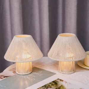 TRIROCKS Woven Cotton Rope LED Cordless Table Lamp Set of 2, 7'' Tall Battery Operated Desk Lamp, Boho Bedside Lamps Great for Living Room Bedroom Weddings Parties Patio Events
