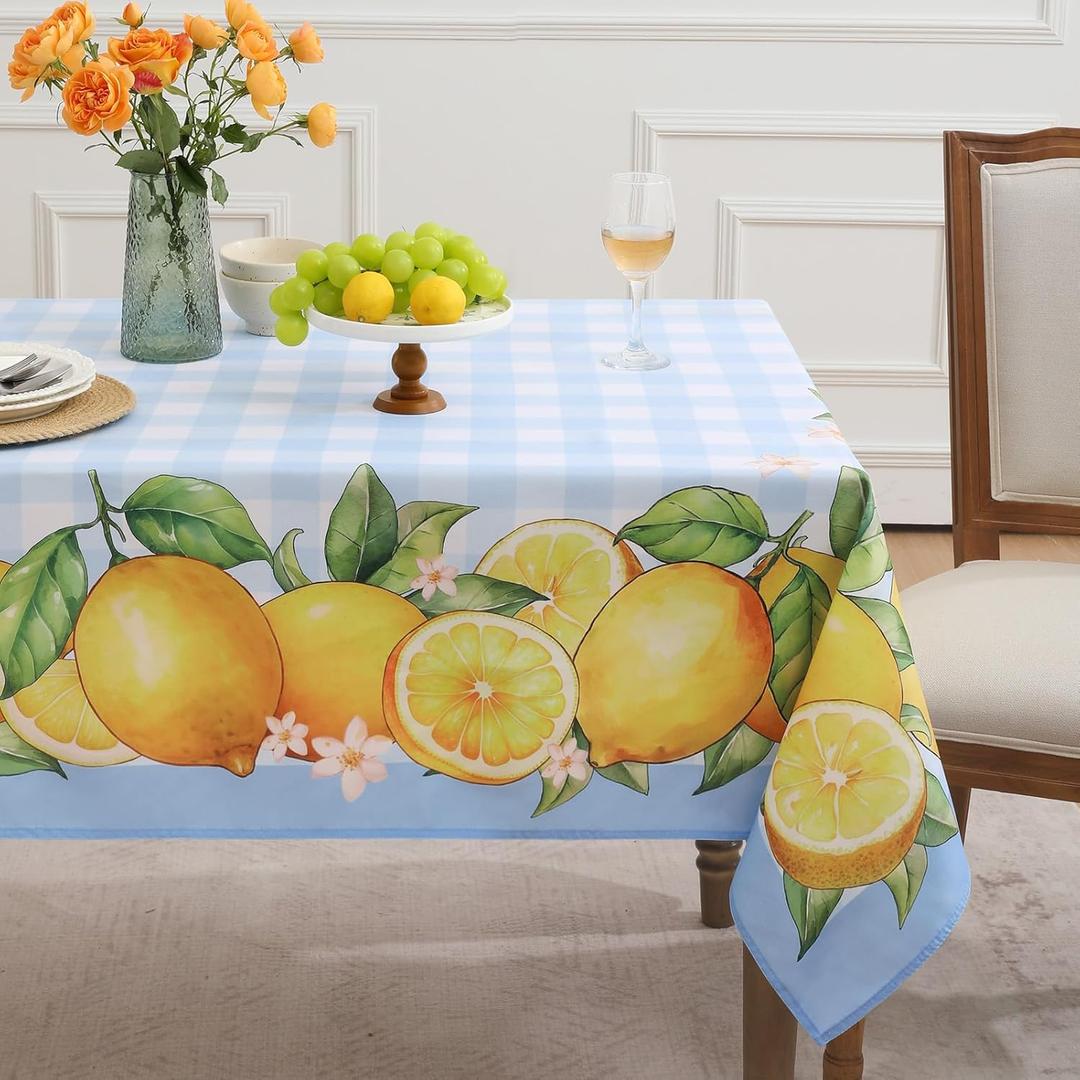 Romanstile Summer Tablecloth Rectangle, Lemon Flower Buffalo Plaid Decorative Table Cloths Stain Resistant Fabric Table Cover for Dinner/Party/Picnic/Indoor/Outdoor (Blue, 52 x 70 Inch)