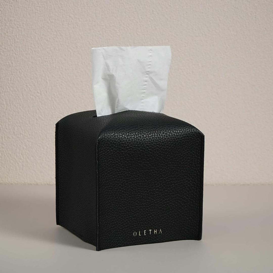 OLETHA Square Tissue Box Cover - Aesthetic Desk Decor for Room, Home & Office - Tissues Cube Boxes Holder - Black 