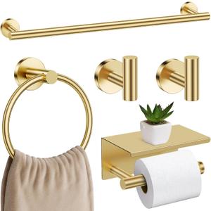 Brushed Gold Bathroom Hardware Set, 5 Pieces Gold Towel Bar Bathroom Accessories, Upgraded Toilet Paper Holder with Shelf Set, 23.6 Inch Towel Rack Towel Holder for Bathroom Wall