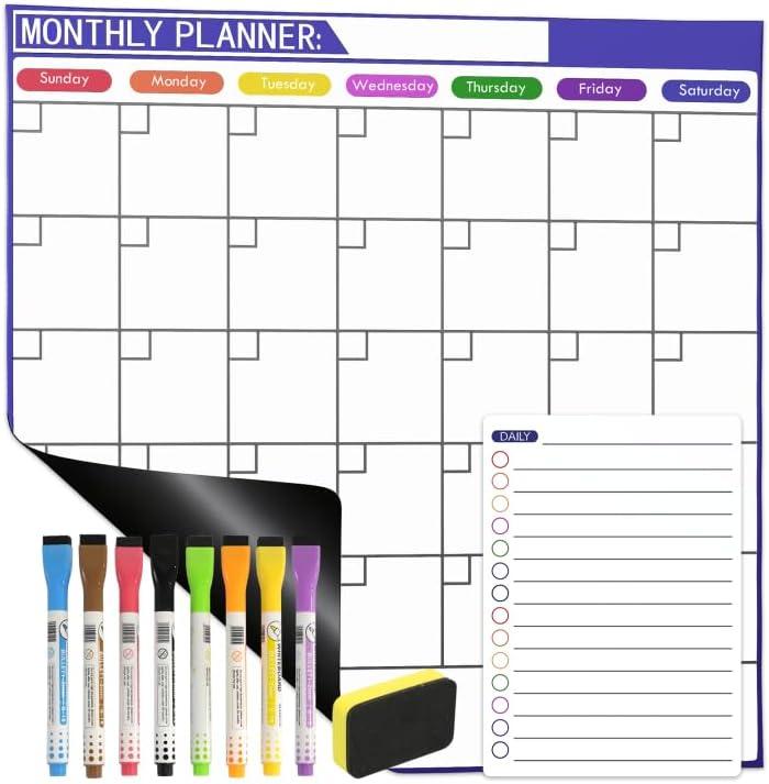 Monthly Magnetic Calendar for Refrigerator - 17"x17" Dry Erase Board, Large Writing Space, 8 Markers & Eraser - Family Schedule Planner, Stain-Resistant with Strong Magnets (Sunday Start) (Purple)
