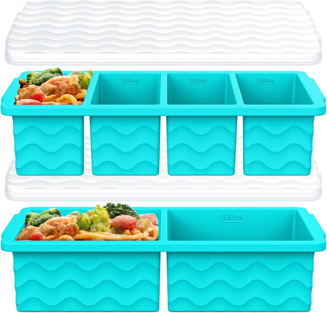 Silicone Freezer Trays with Lid for Soup, 1-Cup & 2-Cup Large Ice Cube Molds Food Storage Containers for Meal Prep, Freeze 500mL/250mL/125mL Portions  2 Pack