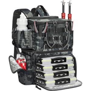 MATEIN Cooler Fishing Backpack with 4 Tackle Boxes, Fishing Bag Rod Holders, Camouflage