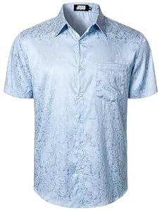 JOGAL Mens Jacquard Shiny Satin Shirts Short Sleeve Regular Fit Casual Button Down Shirt Summer Beach Shirts with Pocket Light Blue, L