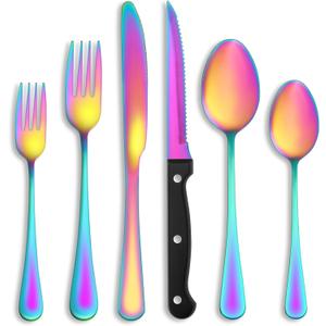 48 Pcs Rainbow Silverware Set with Steak Knives Service for 8,Stainless Steel Flatware Set,Mirror Polished Cutlery Utensil Set, Kitchen Eating Tableware,Include Fork Knife Spoon Set,Dishwasher Safe