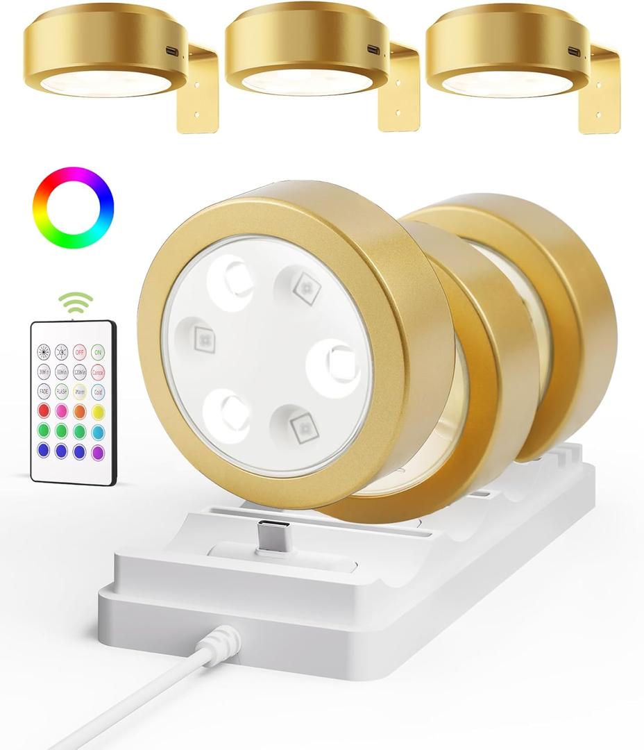 EZVALO Picture Lights for with Charging Station,Rechargeable Battery Magnetic Poster Lights with 2 Color Temps&12 RGB,Remote Dimmable Timer Light,Wall Decor Light for Art Display(6 Pack) (6 Pack with Sation, Gold)