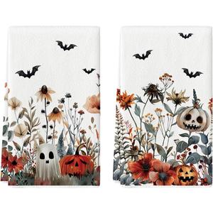 Artoid Mode Ghost Pumpkins Bats Floral Spooky Halloween Kitchen Towels Dish Towels, 18x26 Inch Jack-O'-Lantern Decoration Hand Towels Set of 2