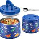 14oz Insulated Vacuum Food Jar with Buckle Lid,Soup Thermo for Hot Food Kids,Wide Mouth Leakproof Stainless Steel Lunch Container with Spoon-Dinosaur