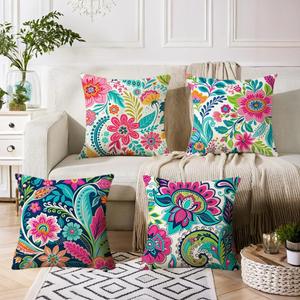Set of 4, Floral Throw Pillow Covers 18x18 inch, Set of 4, Decorative Paisley Pattern, 100% Polyester with Hidden Zipper