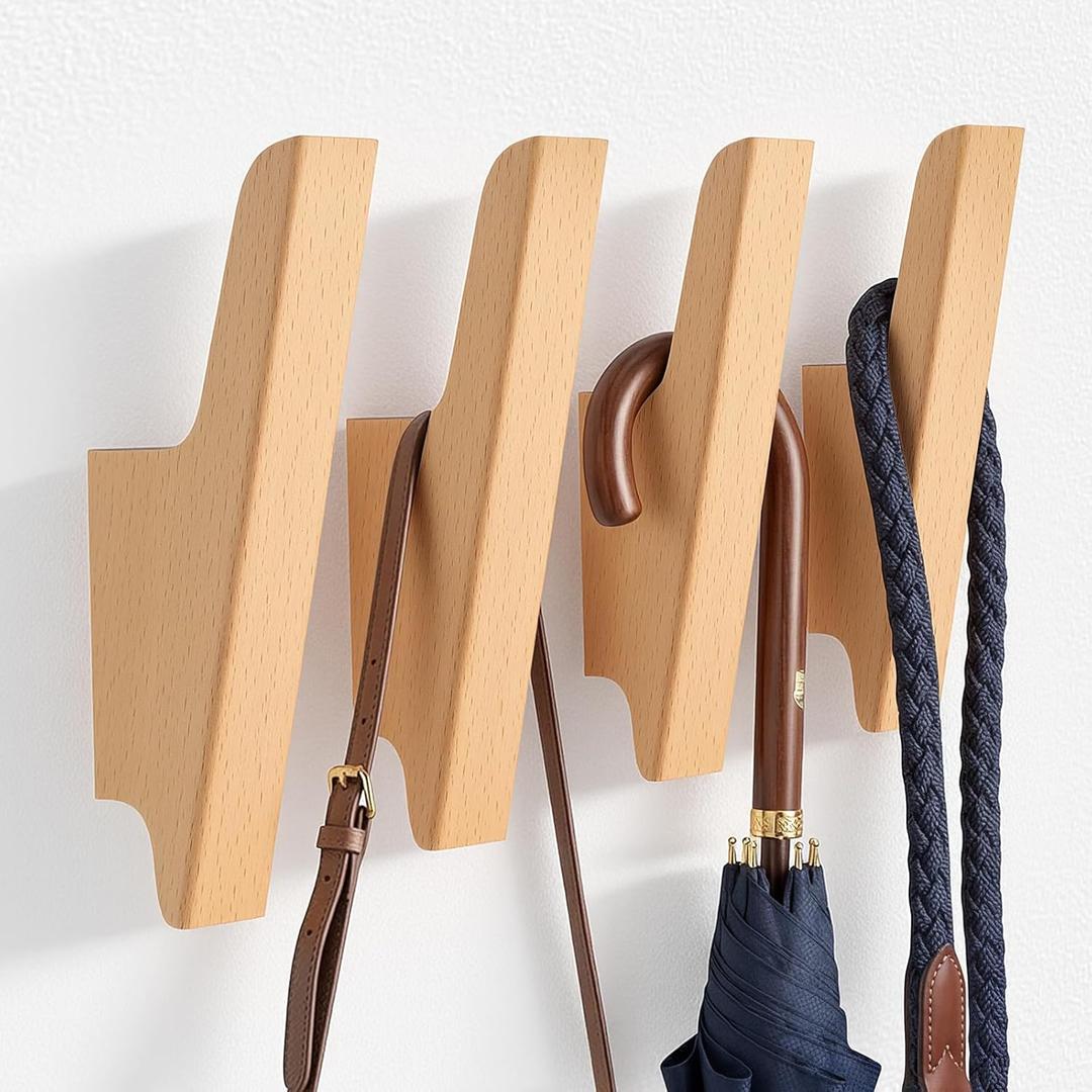 Wooden Coat Hooks for Wall,4 Pack Wall-Mounted Wood Hat Hook,Modern Farmhouse Decor for Entryway,Heavy Duty Backpack Holder for Hanging Bags,Towels, Coats,PurseBeech