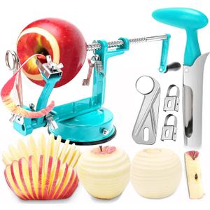Apple Peeler Corer, 5 In 1 Apple Peeler Slicer Corer with Stainless Steel Blades and Powerful Suction Base for Apples and Potatoes(Teal)