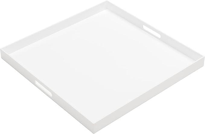 Extra Large White Acrylic Serving Tray (2424 Inches) with Handles Spill Proof Acrylic Over Size Big Decorative Tray Organiser for Ottoman Coffee Table Countertop (24" x 24" x 2", Glossy White)