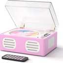 CD Player Portable Bluetooth Input/Output, Retro CD Player with Hi-Fi Speakers, Rechargeable Cute CD Players for Home with LED Display, USB Playback, AUX-in, Headphone Jack, Purple-Pink