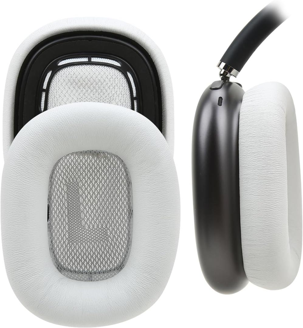 Lambskin Ear Pads for AirPods Max Headphones Sheepskin Leather Earpads Replacement with Memory Foam and Magnet Sweat Proof& Excellent Noise Isolation White (Silvery)