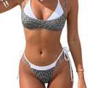 SOLY HUX Women's Polka Dots Bikini Set String Swimsuit Colorblock Dual Straps Halter Tie Side 2 Piece Bathing Suit (Black, L)