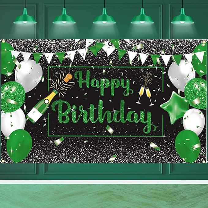 Green Silver Black Birthday Decorations Green Happy Birthday Backdrop Banner Champagne Glass Balloons Photo Booth Background for Man Women Party Decoration Supplies