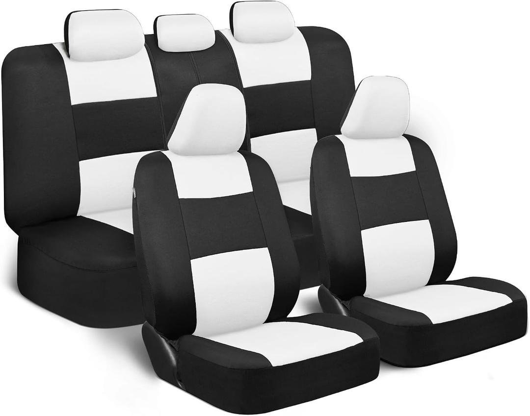 BDK PolyPro Car Seat Covers Full Set in White on Black, Front and Rear Split Bench Seat Covers for Cars, Easy to Install Car Seats Cover Set and Accessories for Auto Trucks Van SUV - White