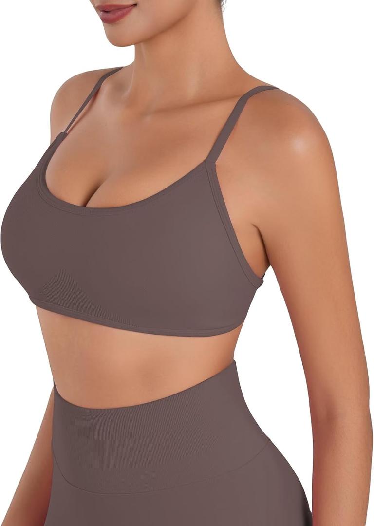 Sunzel Women's Open Back Sports Bra Adjustable Spaghetti Strap Seamless Low Impact Workout Gym Yoga Bra with Removable Pads (Brown, L)