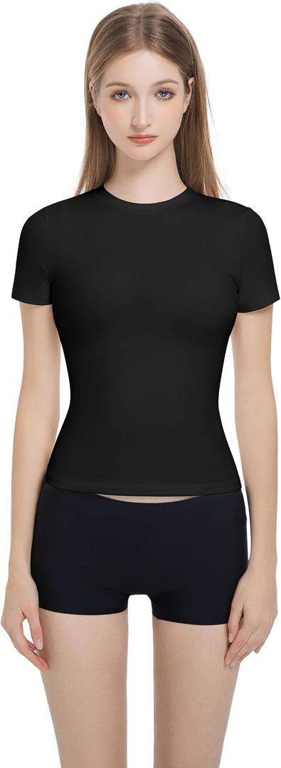 Womens Fitted Crew Neck T-Shirt Stretchy Cotton Y2K Short Sleeve Tees for Workout Basic Tees Going Out Tops Black (S)