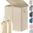 Lifewit Double Laundry Hamper with Lid and Removable Laundry Bags, Large Collapsible 2 Dividers Dirty Clothes Basket with Handles for Bedroom, Laundry Room, Closet, Bathroom, College, 136L Beige