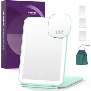 Mocado LED Foldable Travel Makeup Mirror - 5x7 inches3 Colors Light Modes USB Rechargeable Touch Screen, Portable Tabletop Cosmetic Mirror for Travel, Cosmetic, Office (Green)