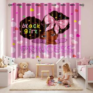 African Girl Curtains Black Girl Curtains Room Decor Blackout Window Drapes Pink Princess Drapes for Girls Bedroom 2 Panel Sets, 82''63''
