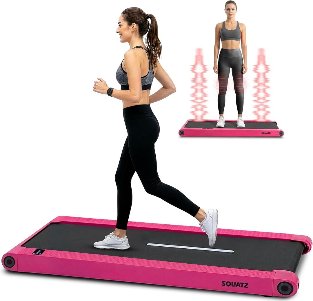 Squatz 2-in-1 Walking Pad Treadmill with Vibration Plates, Compact Under Desk Walking Pad with Remote Control, LED Display, Non-Slip Belt, Quiet 1.0HP Motor for Home or Office Workout (Pinks)