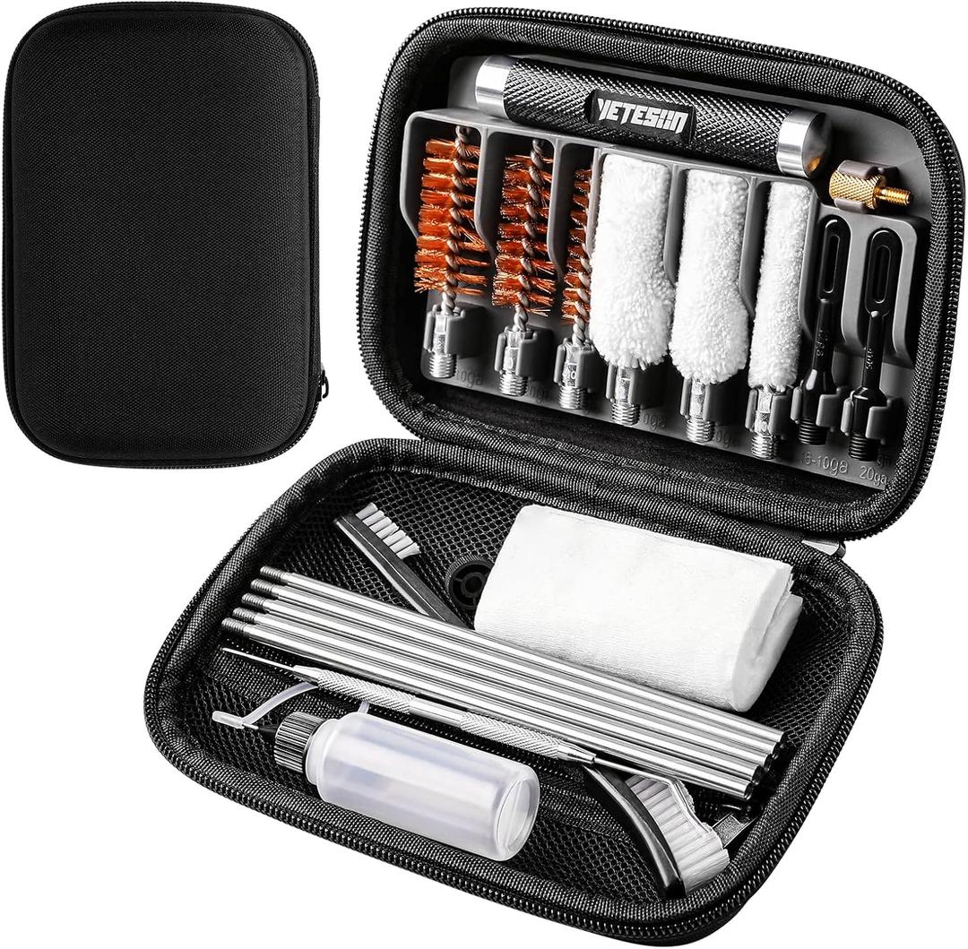 Shotgun Cleaning Kit for 12, 20, 410 Gauge - Compact Portable Case with Bronze and Spring Brushes, Brass Adaptor, Cotton Mop, Cleaning Pick, Patch Holder, Patches, Hand Brush, Empty Oil Bottle