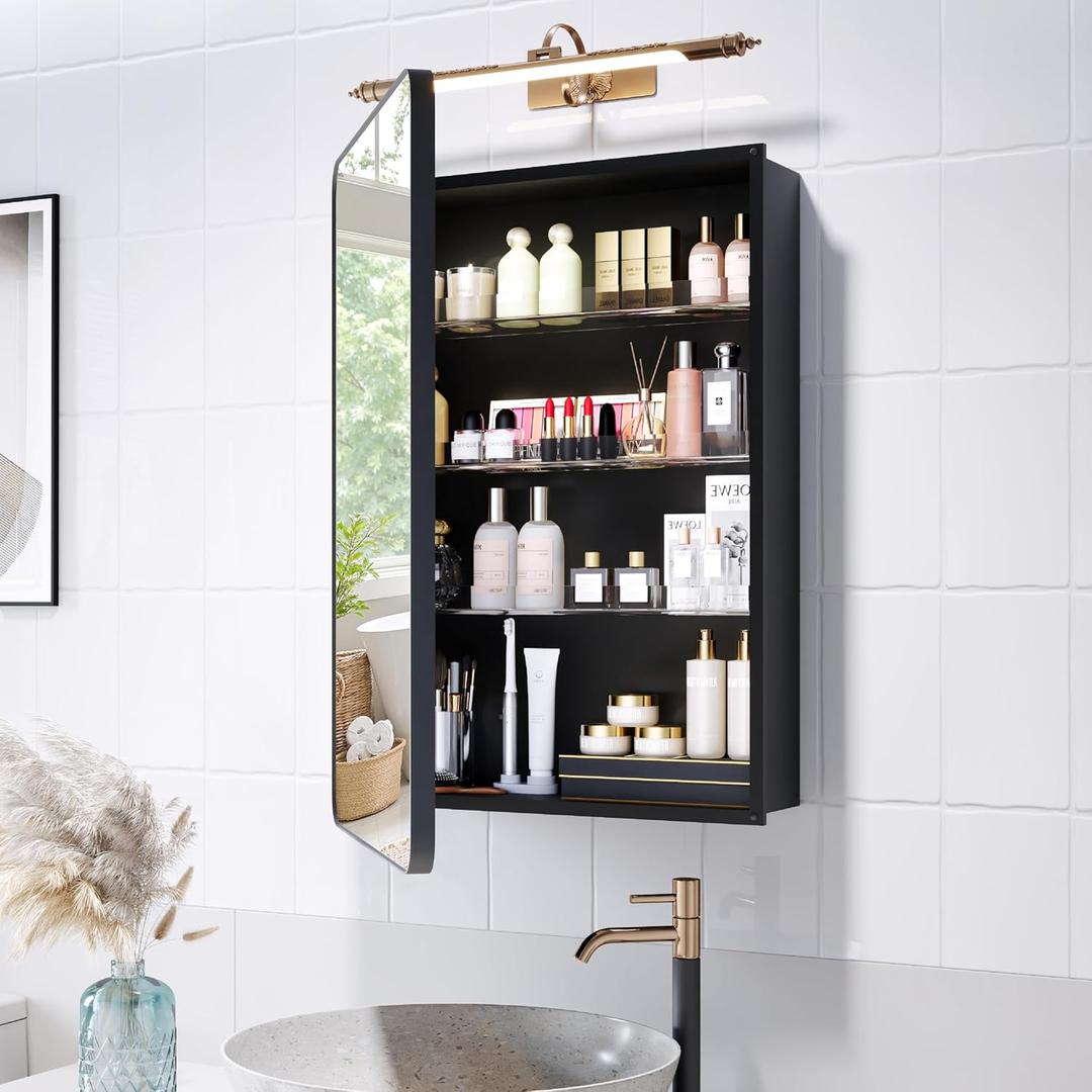 Recessed Medicine Cabinets for Bathroom with Mirror: 16 x 24 inch Small Surface Wall Mount Mirrored Vanity Chest with Storage - Matte Black Modern Frame