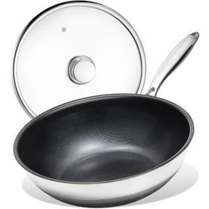 KITEXPERT Non Stick Wok Pan with Lid,12" Titanium Ceramic Pan Nonstick Stainless Steel Stir-fry Pans, PFAS PFOA & PTFE Free, Quick-Cool Handle, Dishwasher & Oven Safe, Compatible with All Cooktops