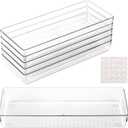 6 Pcs Large Clear Plastic Drawer Organizers Tray 15" x 6.3" Storage Bins with 25 Pcs Non-Slip Pads for Makeup, Jewelries, Kitchen Utensils, Bathroom and Office