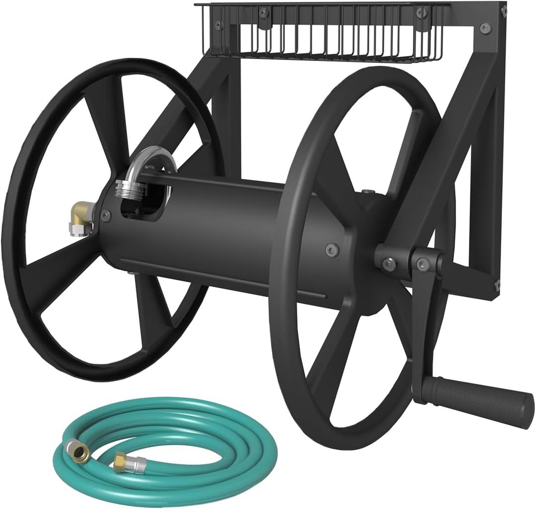 Triangle Wall Mounted Garden Hose Reel, Outdoor Heavy-Duty Water Hoses Holder Winder, Holds 125 Ft of 5/8-Inch Hose, with 3.9 ft Leader Hose, Brass Fitting, Storage Basket for Yard, Black