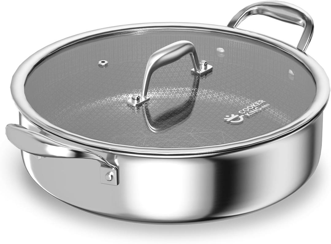 COOKER KING 5QT Stainless Steel Saute Pan with Lid, Hybrid Nonstick Deep Saute Pan, Chicken Fryer, Tri-Ply Clad Even Heat Distribution, Dishwasher-Friendly,Oven Safe to 500F, Induction Compatible