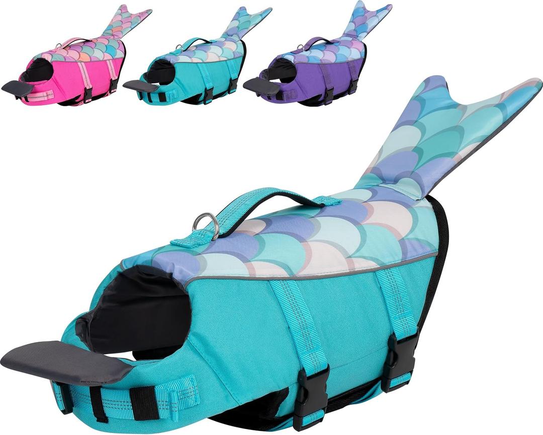 Cyeollo Mermaid Dog Life Jacket Chin Float Support Dog Life Vest, Blue, M | High Buoyancy, Reflective Strips, Rescue Handle & Leash Ring, Adjustable Fit, Lightweight Comfort, For Swimming & Boating, Size: Medium (Chest Girth: 20"-24")