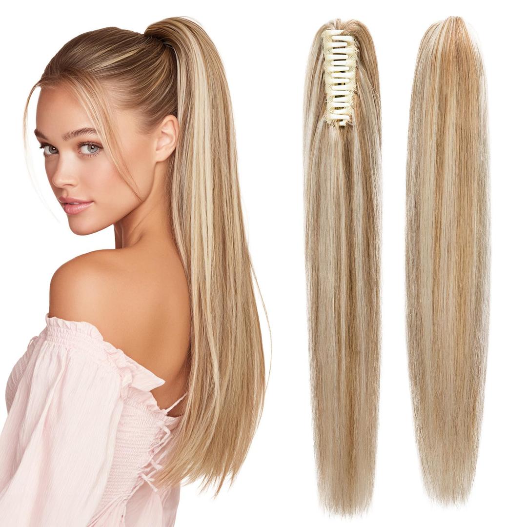 SEGOHAIR Human Hair Claw Clip Ponytail Extension 100% Real Human Hair Clip-In Extensions for Women Long Straight Pony Tails 18 Inches 115g #18P613 Light Blonde mixed Bleach Blonde
