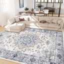 Machine Washable 9x12 Area Rugs for Living Room Vintage Carpet Non Slip Low Pile Water Repellent Soft Print Pattern for Bedroom Indoor Decor Polyester Rug Bluewhite