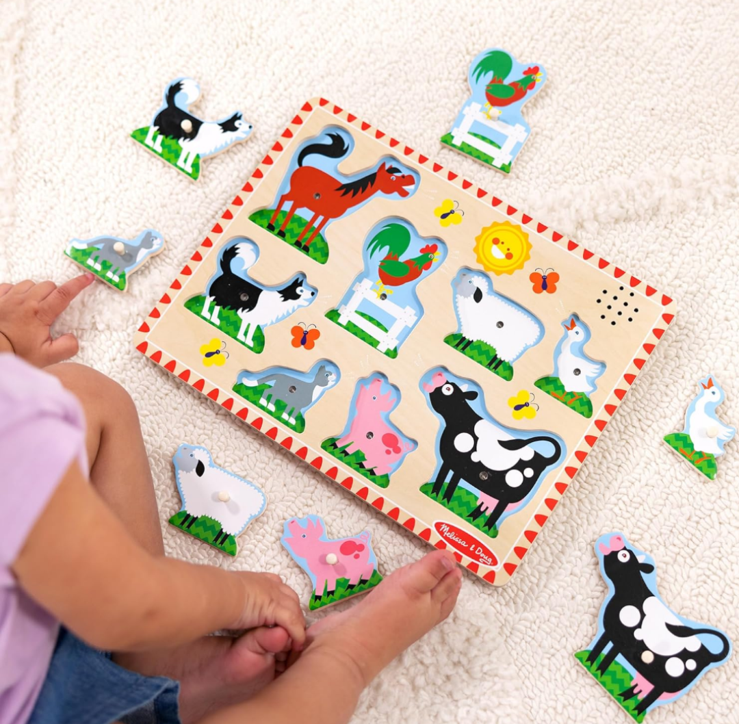 Melissa & Doug Farm Animals Sound Puzzle - Wooden Peg Puzzle with Sound Effects (8 pcs), Pack of 2