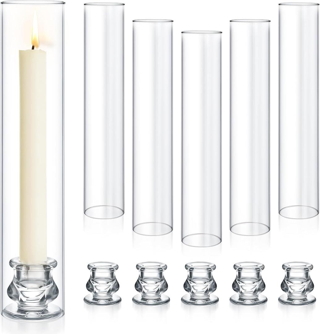 6 Set Hurricane Glass Candlestick Holders 12.6" Two Side Open Glass Candle Holders and 2.2" Taper Candlesticks Holder Bulk for Table Centerpiece Wedding Christmas Home Decor