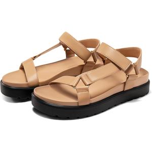 Coutgo Womens Platform Sandals Comfortable Arch Support Footbed Adjustable Ankle Strap Summer Beach Flat Sandals (7.5, Light Brown/Pu)