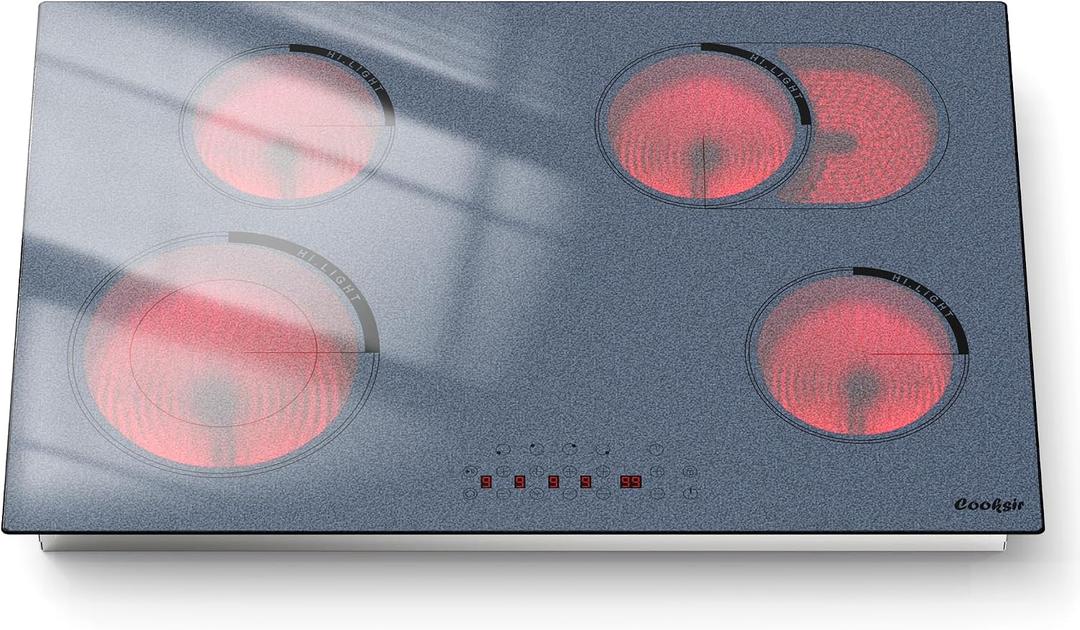 30 Inch Electric Cooktop - 4 Burner Built-in Electric Stove 30In 6600W, Radiant Ceramic Stove with Dual Zone, Metal Frame, Child Lock, Timer, 220V Hard Wired, Satin Grey
