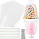 Yexiya 300 Pcs Cotton Candy Bags with Ties and Sticks, 11.8x17.7 Inch Large Clear Cotton Candy Bags Cones Sticks Supplies for Marshmallow Carnivals Christmas Party