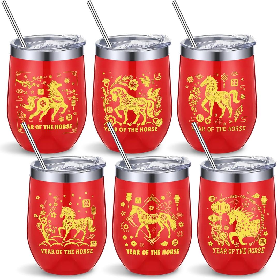 Domensi 6 Pcs 12oz 2026 Chinese New Year Tumbler Year of the Horse Gifts Stainless Steel Double Wall Vacuum Insulated Mug with Lid and Straw Spring Festival Lunar Party Gifts Zodiac Blessing Present