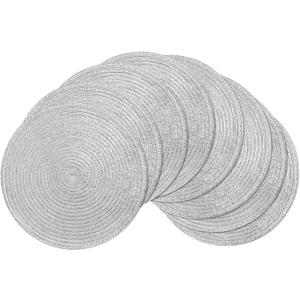 SHACOS Silver Glitter Round Braided Placemats Set of 8 Sparkle Bling Washable 15 inch Round Table Mats Woven Place Mats for Dining Table Christmas Home Table Decor (Silver, 8)